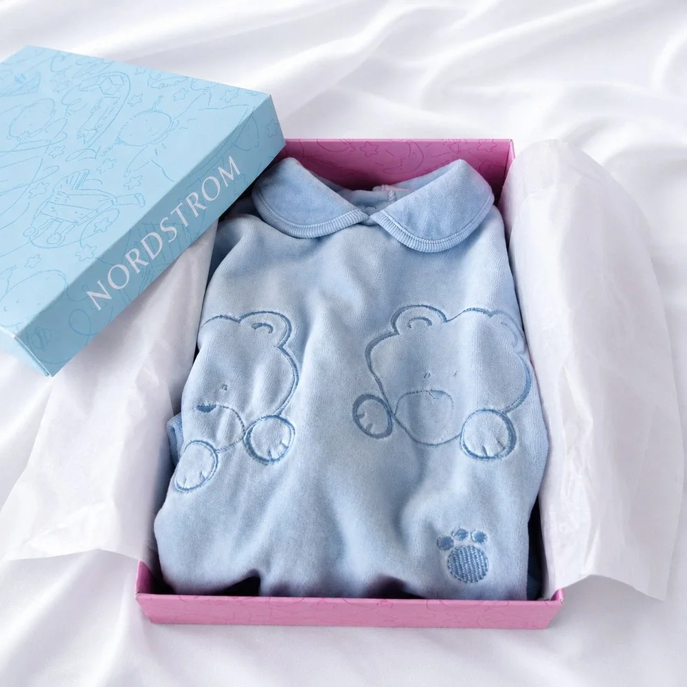 Minibasix Bear Footed Pajamas Sleeper Jumpsuit 6MO‎ Blue Nordstrom Gift Box NWT